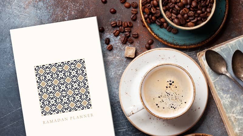 Ramadan Planner with cups of coffee, coffee beans and sugar cubes