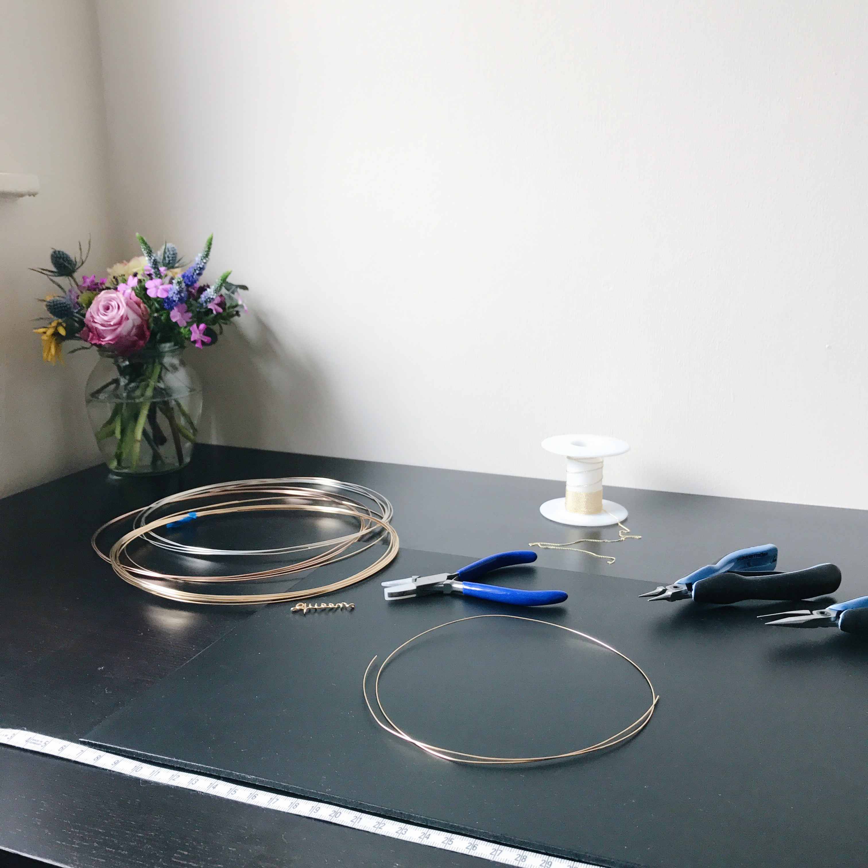 Studio Desk Rachel and Joseph Gold filled and Argentium Silver wire Jewellery shaped freehand in London