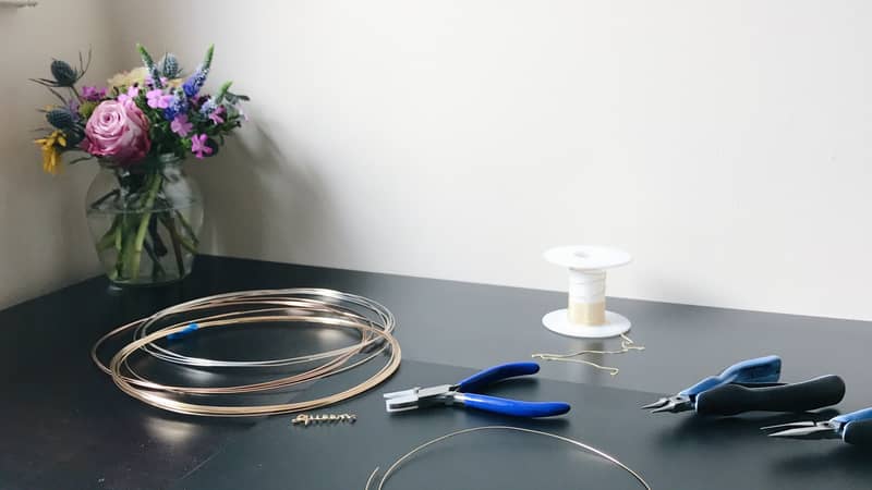 Studio Desk Rachel and Joseph Gold filled and Argentium Silver wire Jewellery shaped freehand in London