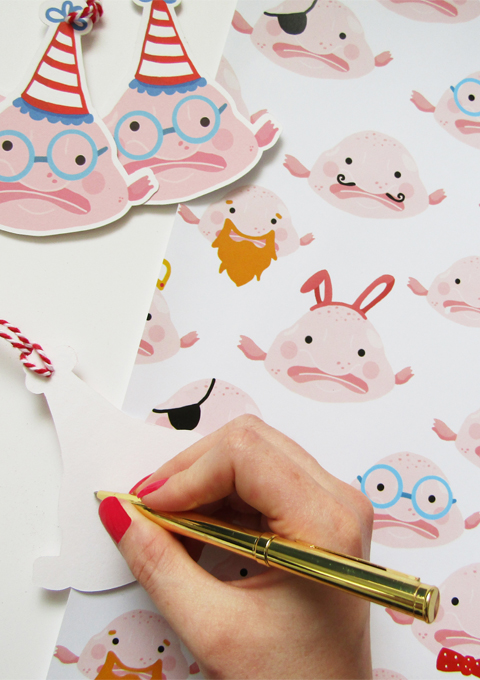 fun blob fish birthday wrapping paper gift tags