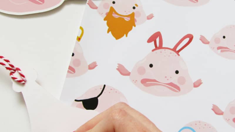 fun blob fish birthday wrapping paper gift tags