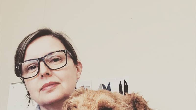 Owner Louise and muse Edwyn the Welsh Terrier