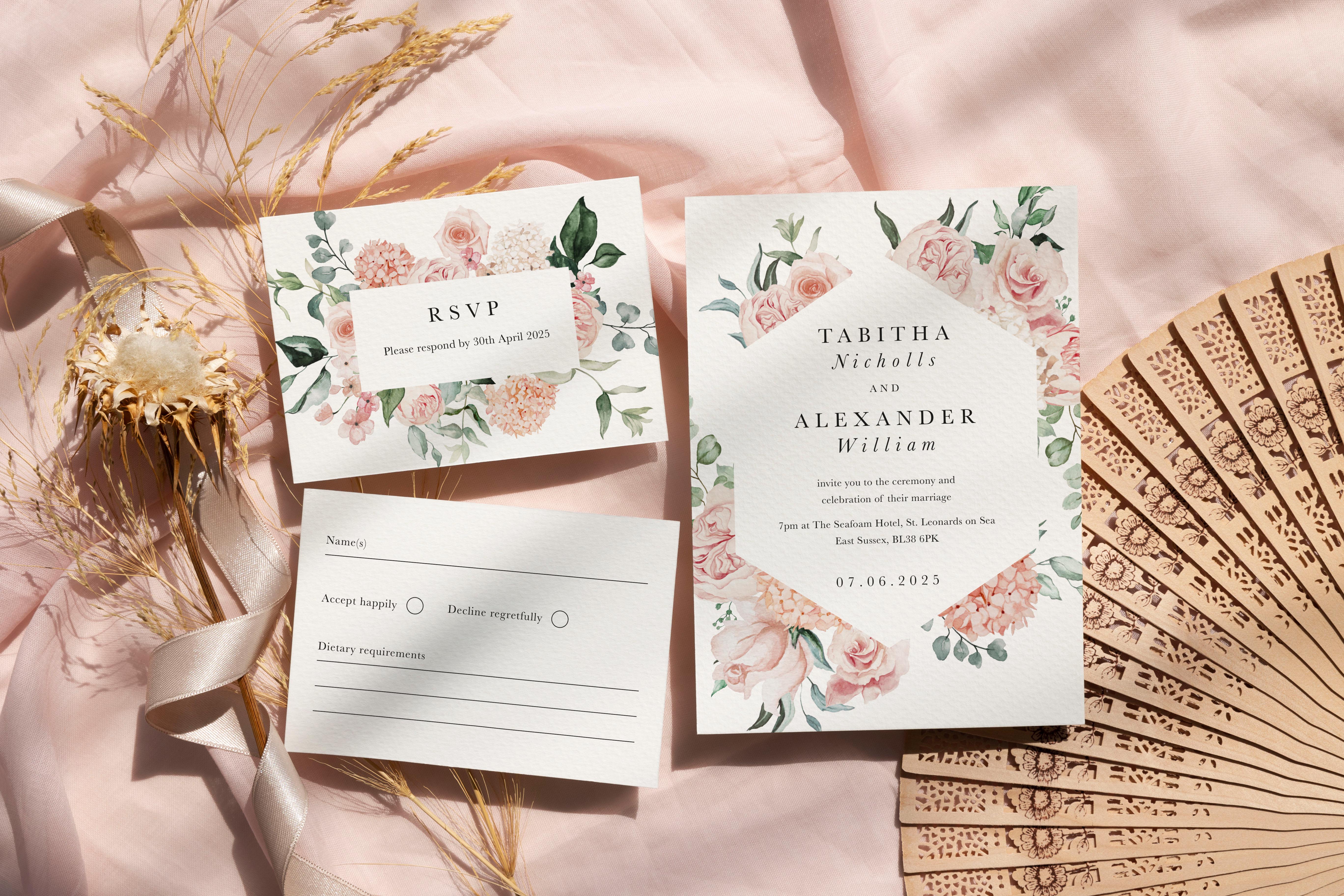 Wedding stationery including a double sided RSVP card and wedding invitation featuring watercolour style blush pink flowers, perfect for a Summer wedding.