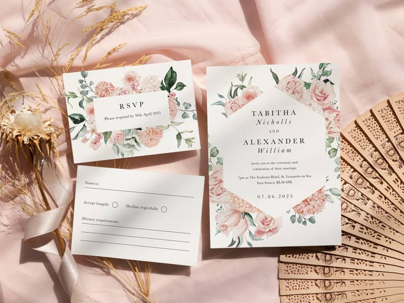 Wedding stationery including a double sided RSVP card and wedding invitation featuring watercolour style blush pink flowers, perfect for a Summer wedding.
