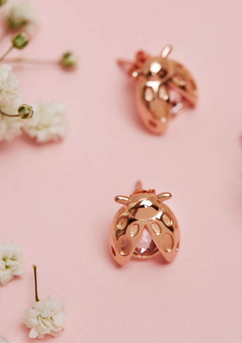 Ladybird earrings made from recycled silver and plated with 18ct rose gold with a Swarovski crystal.