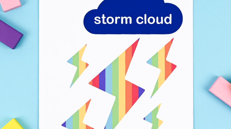 An art print on a blue background. The print has a blue cloud with lightening blots that are rainbow striped.