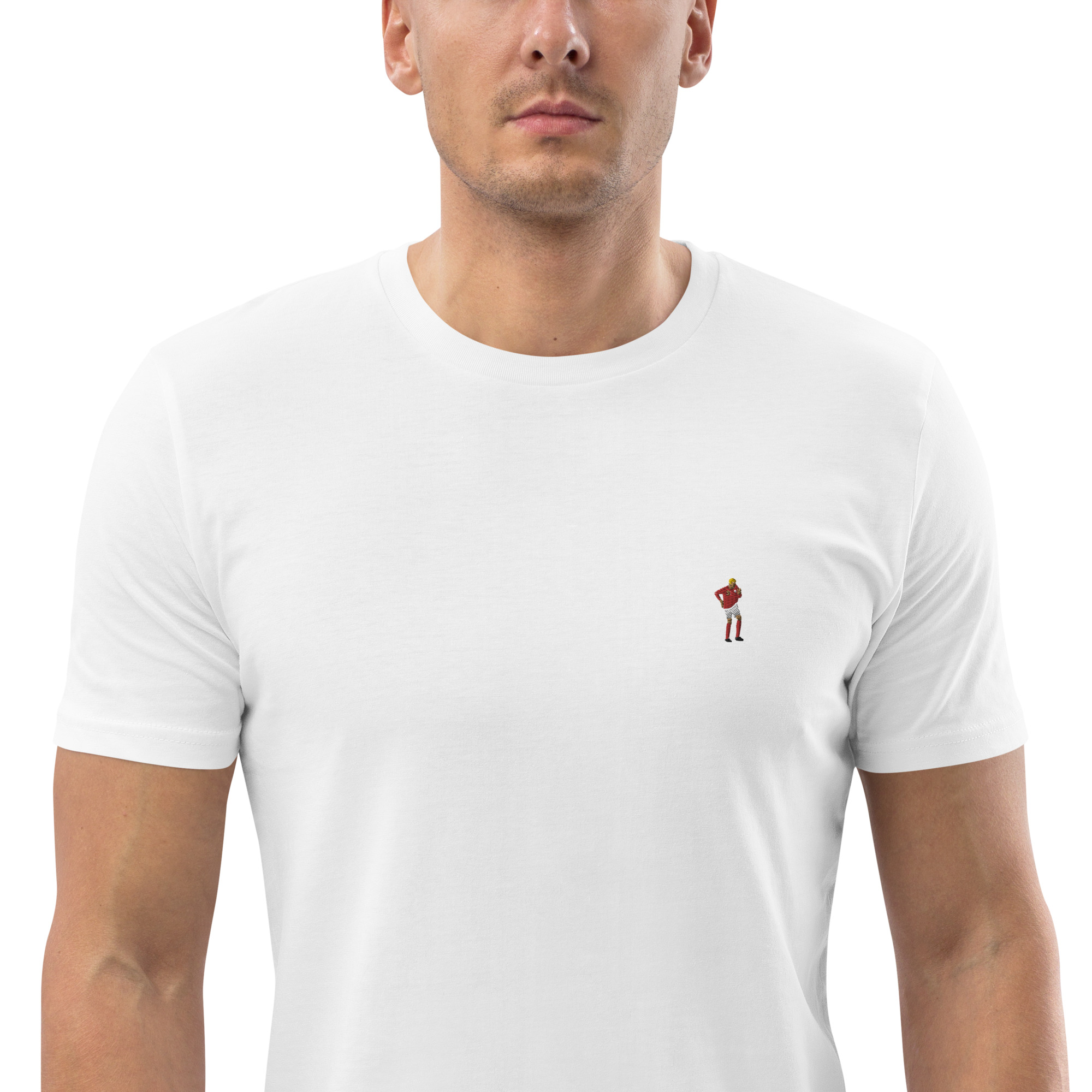 An example of an embroidered iconic moment on our 100% organic cotton t-shirts