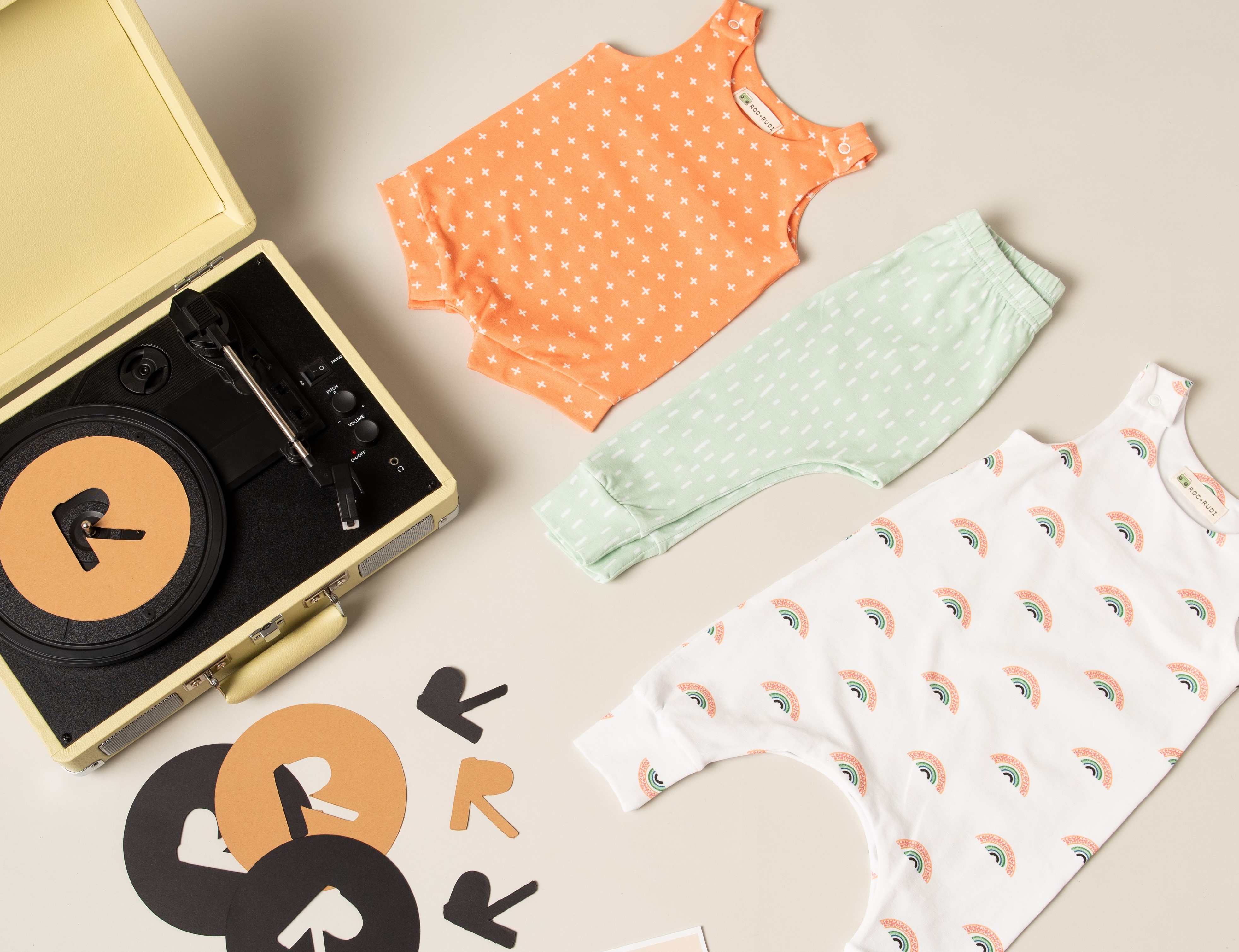 Roc 'n Rudi Retro playdate collection, rompers and leggings 