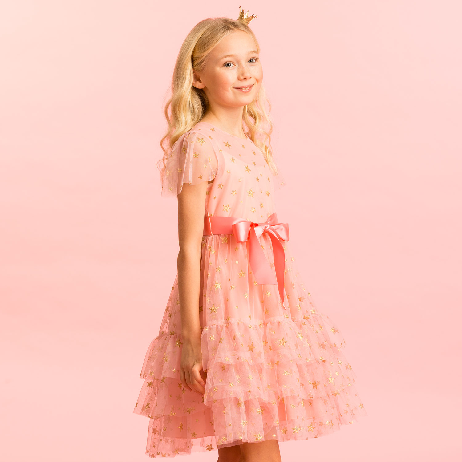 Girls Party Dress Shimmer Pink Sequin & Star Tulle