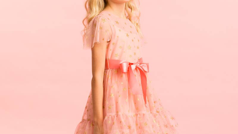 Girls Party Dress Shimmer Pink Sequin & Star Tulle