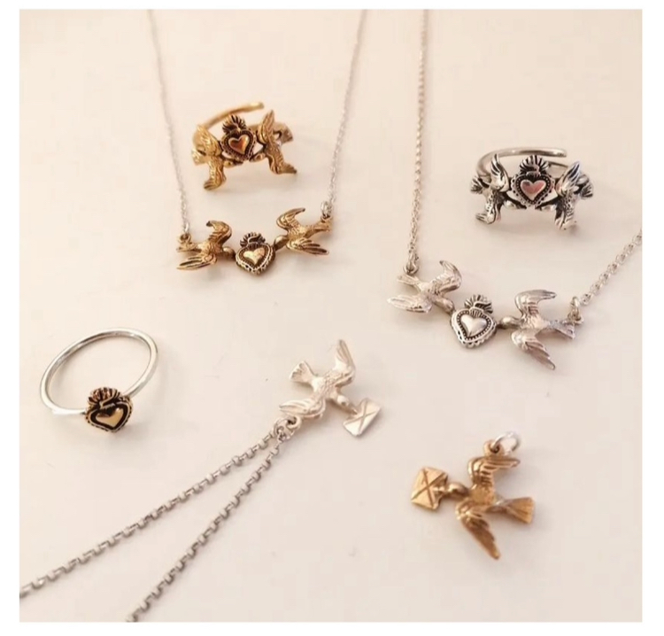 Silver birds and heart necklaces  rings