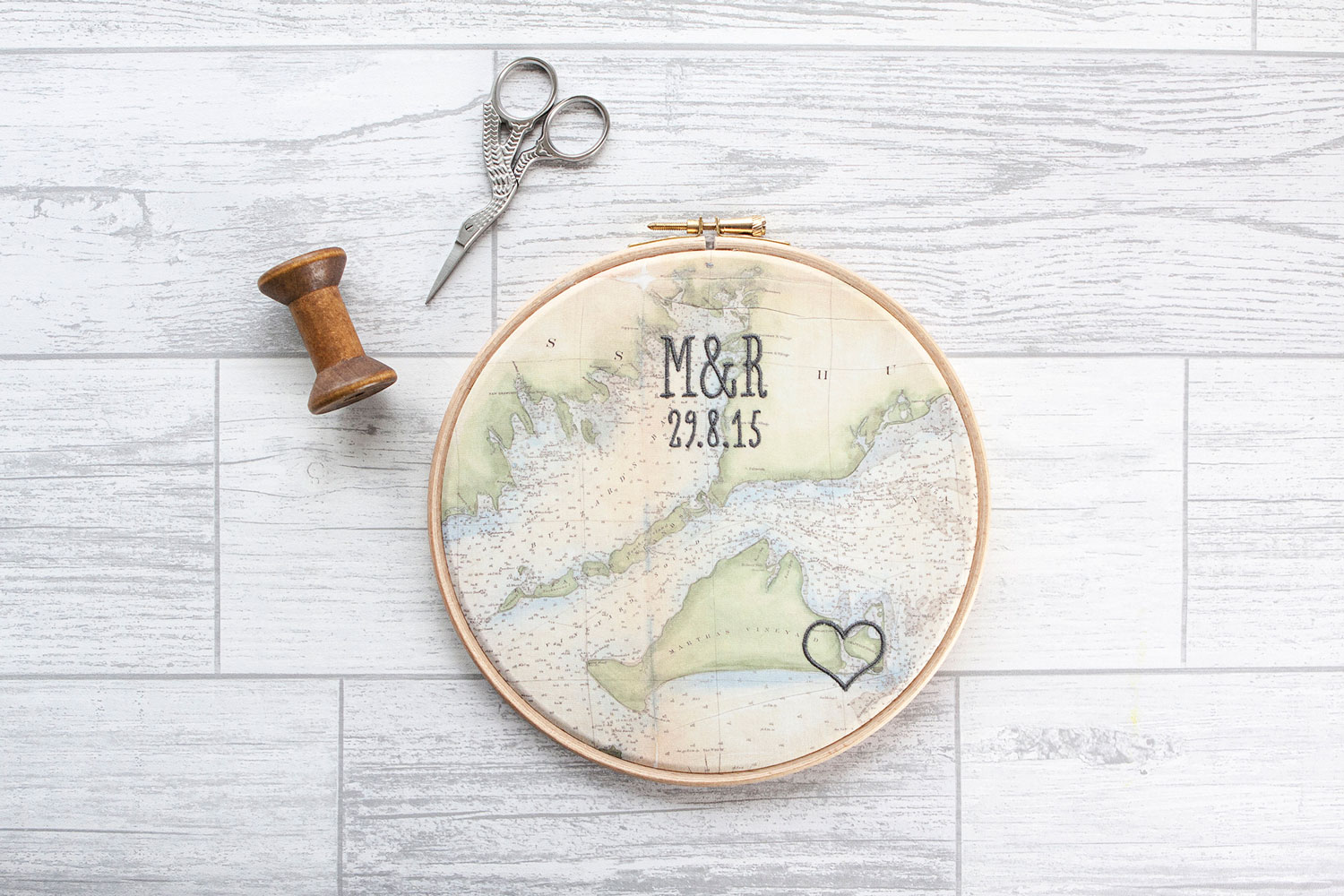 Embroidered cotton vintage map modern font