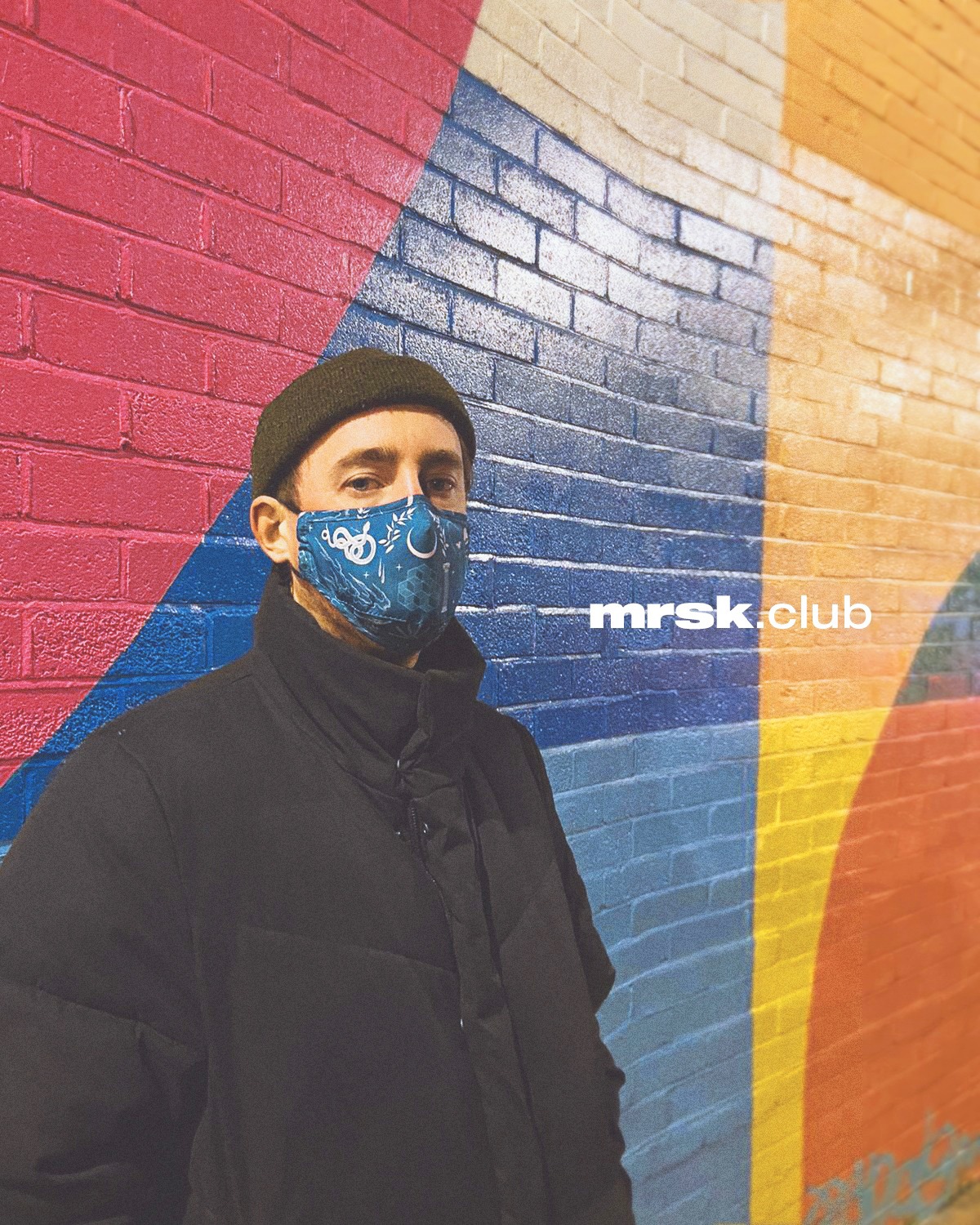 Mrsk Club's Blue mask design against a London mural.