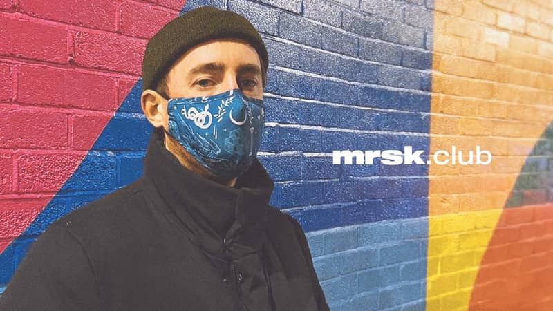 Mrsk Club's Blue mask design against a London mural.