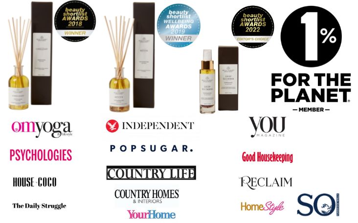 Beauty Shortlist Awards logos, reed diffuser bottles, Deep Slumber Pillow Mist, magazine logos