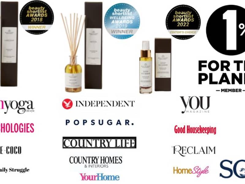 Beauty Shortlist Awards logos, reed diffuser bottles, Deep Slumber Pillow Mist, magazine logos