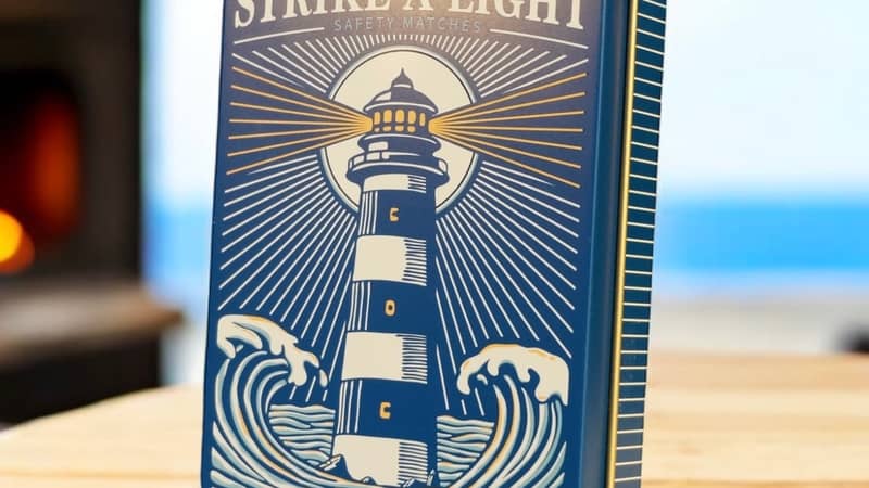match tin with a lighthouse on