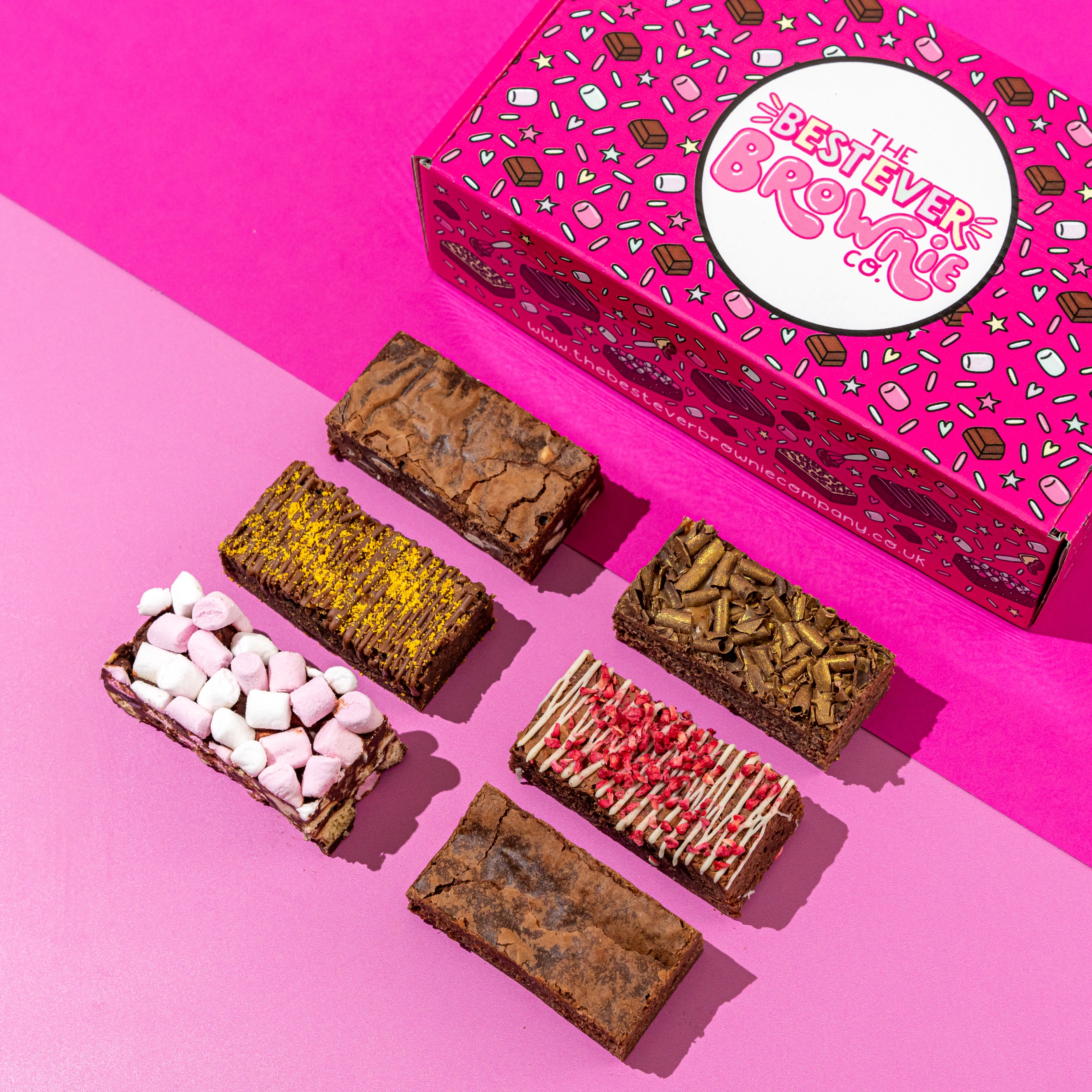 The Best Ever Brownie Box of six delicious brownies, classic plain, salted caramel, rocky road, triple chocolate, chocolate orange and raspberry and white choc.
