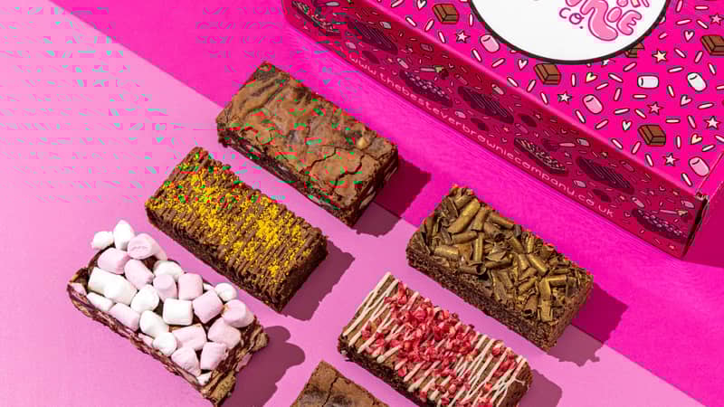 The Best Ever Brownie Box of six delicious brownies, classic plain, salted caramel, rocky road, triple chocolate, chocolate orange and raspberry and white choc.