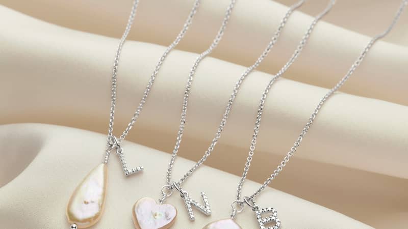 Diamond letter pendants with freshwater pearl necklaces