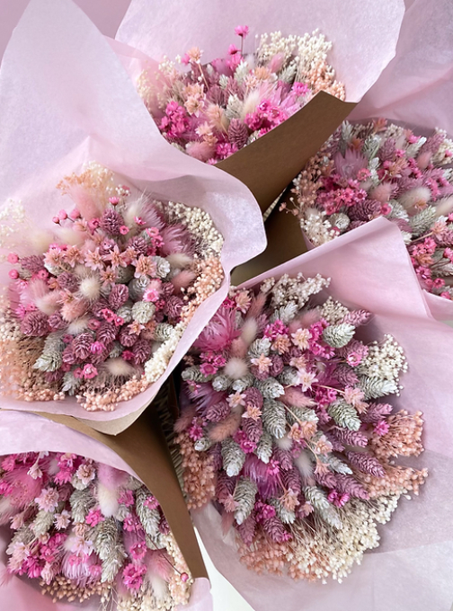 Raspberry blush pink and cream dried flower bouquet made by willow cottage flowers