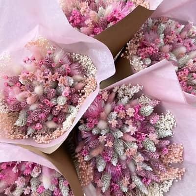 Raspberry blush pink and cream dried flower bouquet made by willow cottage flowers