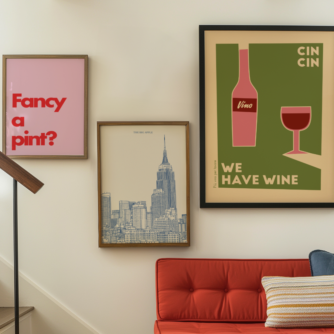 Wall featuring prints - fancy a pint, New York skyline and we have wine