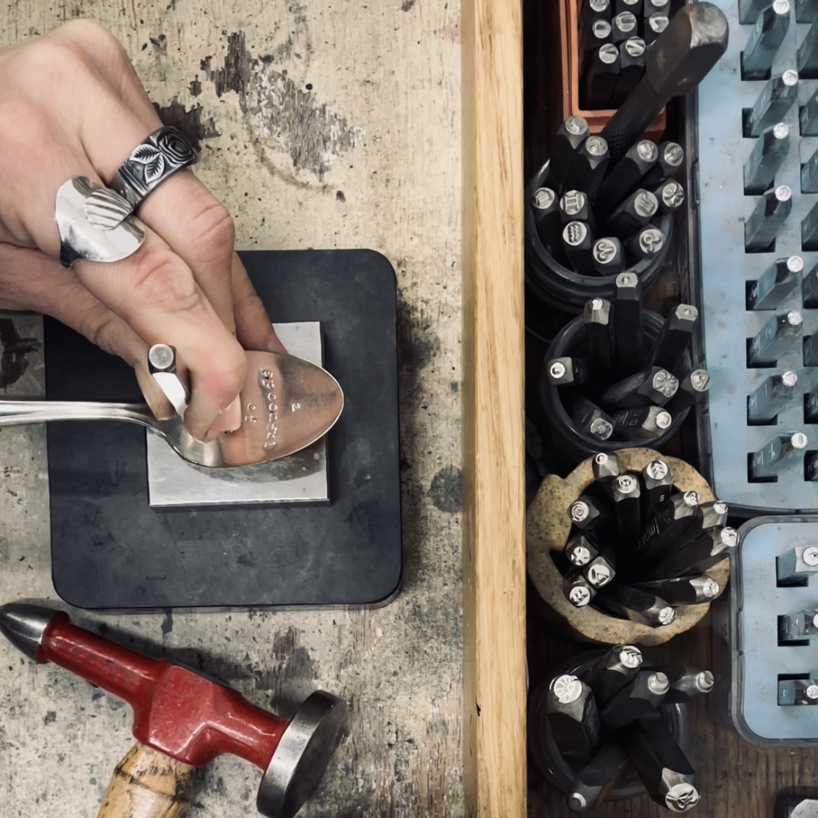 Each piece is stamped individually, the old fashioned way. No laser printer, no machines, just with my own two hands, metal stamps a bench block and a hammer.