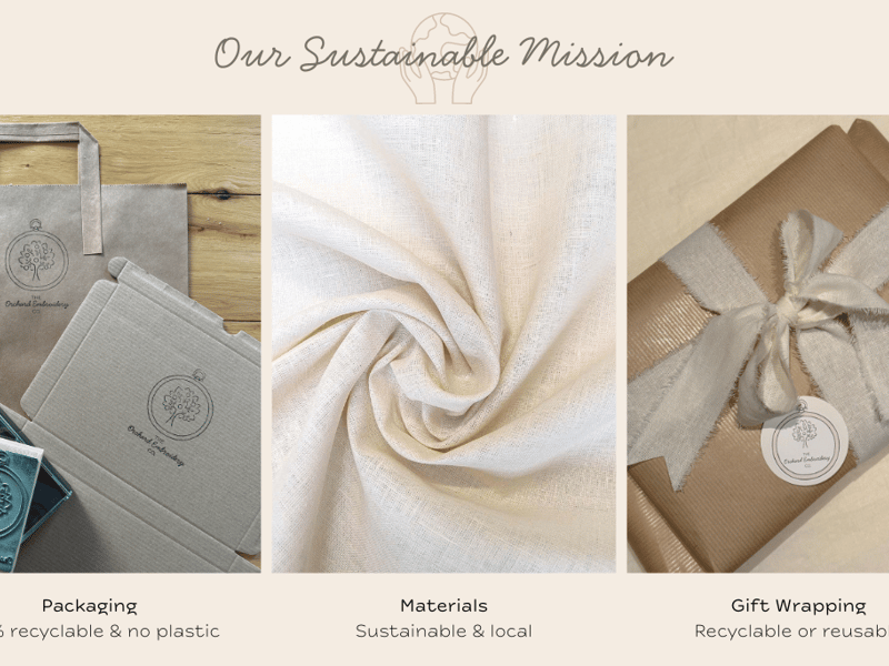 The Orchard Embroidery Company's sustainable mission, pictures of eco packaging and wrapping, and hemp cloth.