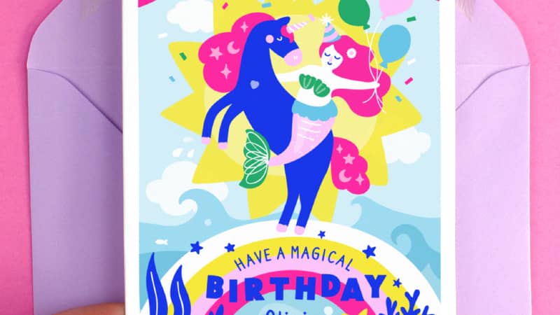 Mermaid Riding Unicorn Greeting Card