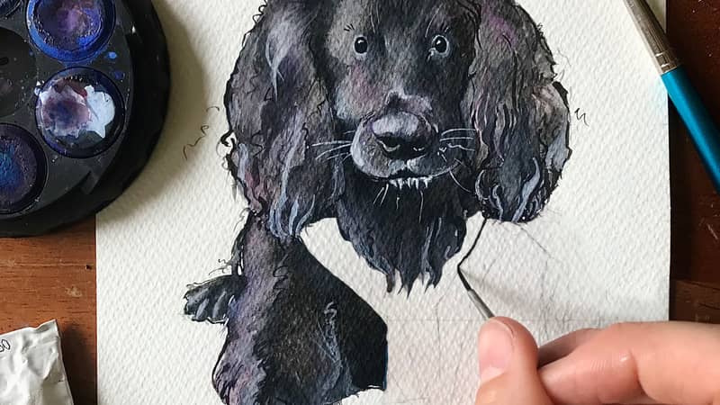 Illustrator, Gaby, working on a painting of a black dog