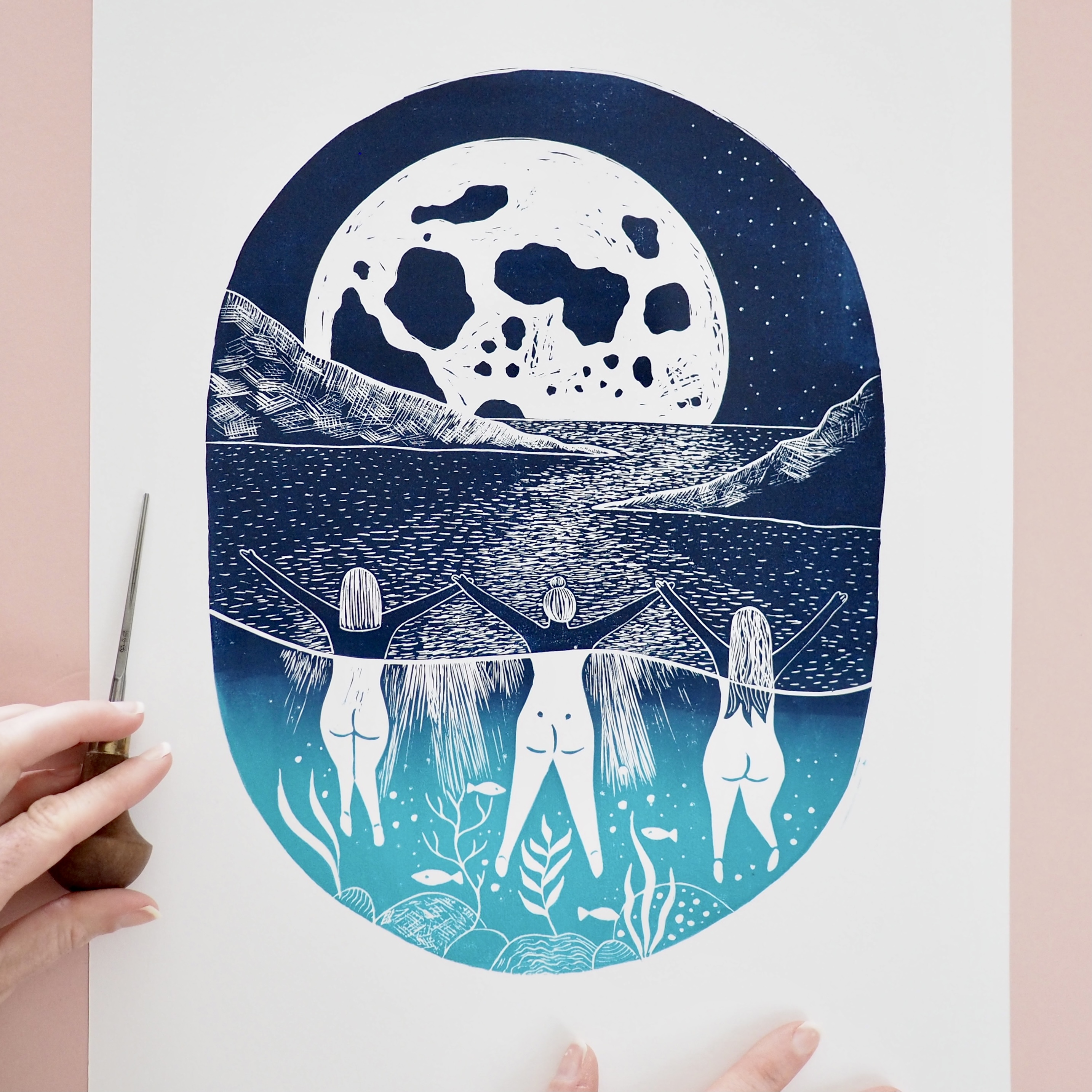 Wild swimmers lino print