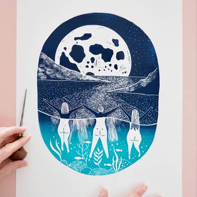 Wild swimmers lino print