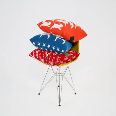 Knitted cushions bunny, stag and fox terrier