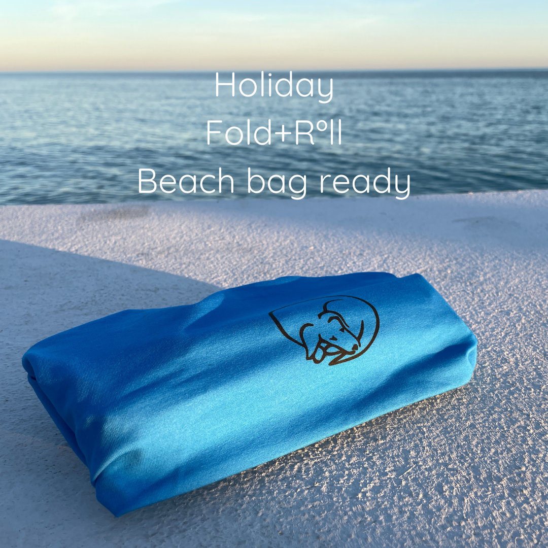 A blue Fold+Roll which is a fabric organiser containing some clothes with a sea view