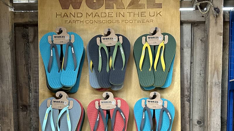 Selection of Worzl flip flops in different colours handmade in the UK