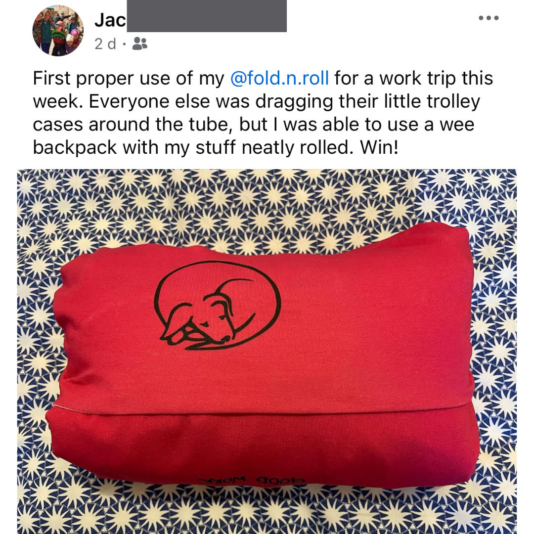A social media post with a picture of a fold&Roll praising its use enabling the user to go to a conference with just a backpack