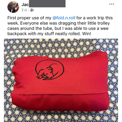 A social media post with a picture of a fold&Roll praising its use enabling the user to go to a conference with just a backpack
