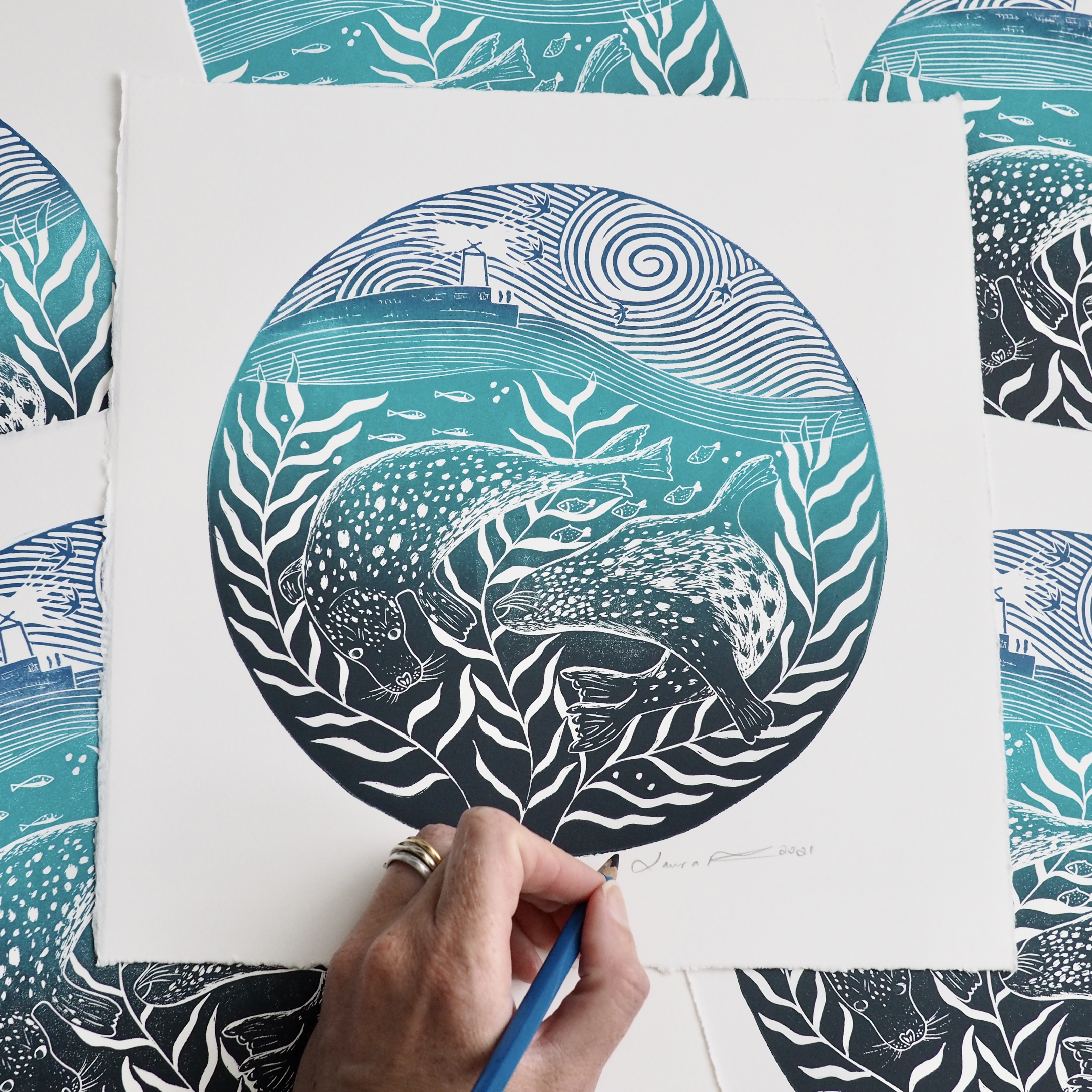 Seals lino print