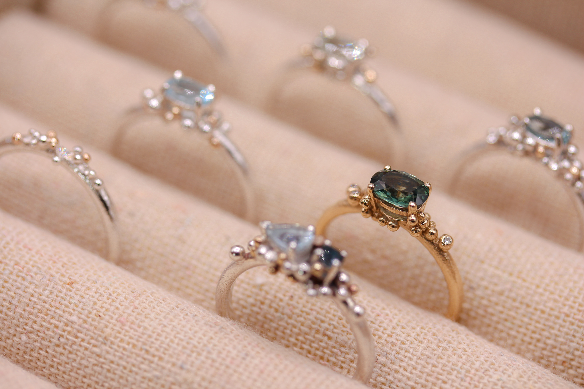 Solid Gold, Granulated Sapphire and Aquamarine Rings
