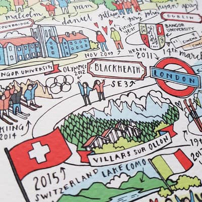 olivia whitworth Illustration with colourful buildings and writing