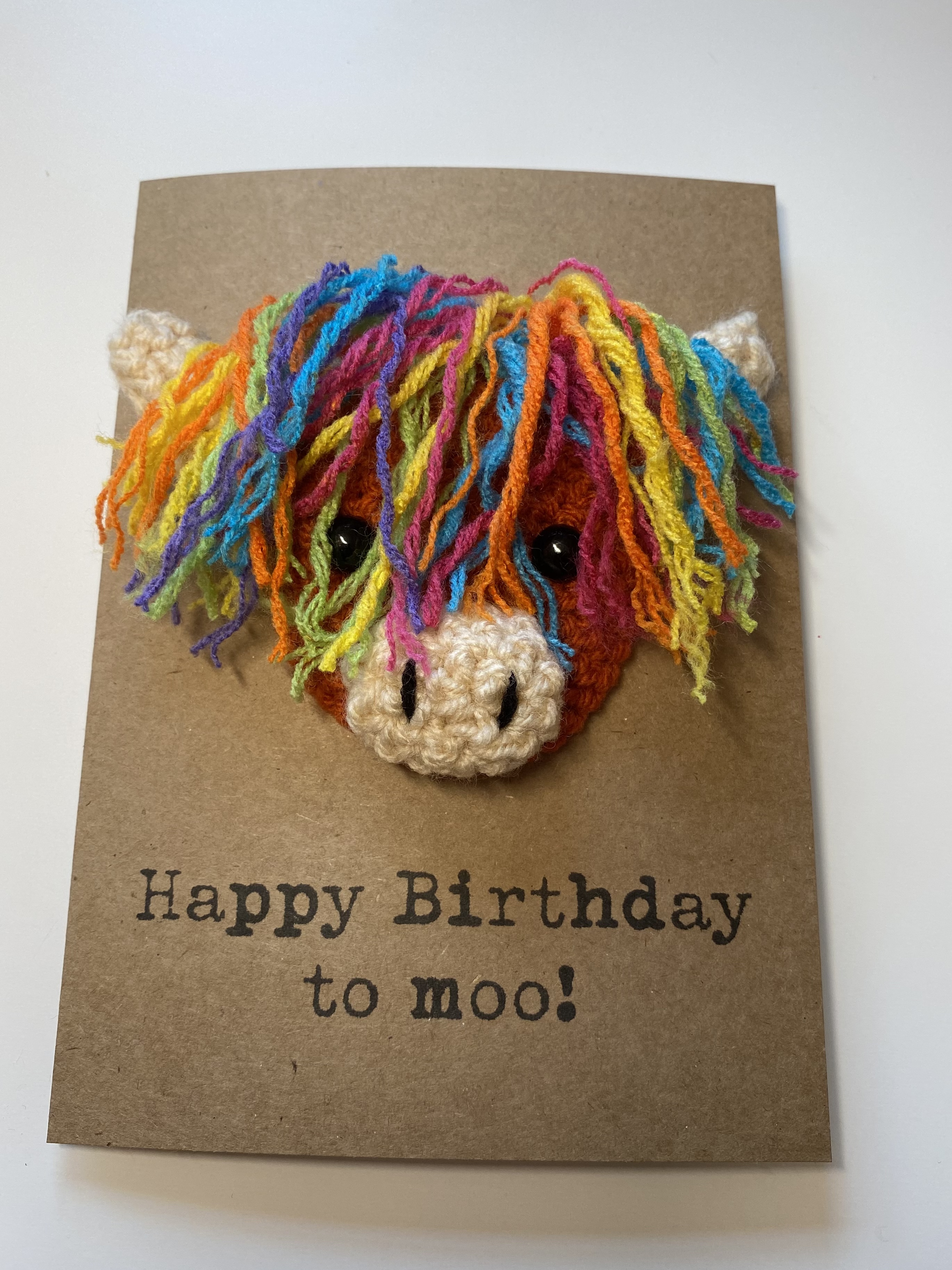 rainbow crochet highland cow greetings card