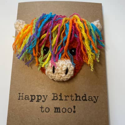 rainbow crochet highland cow greetings card