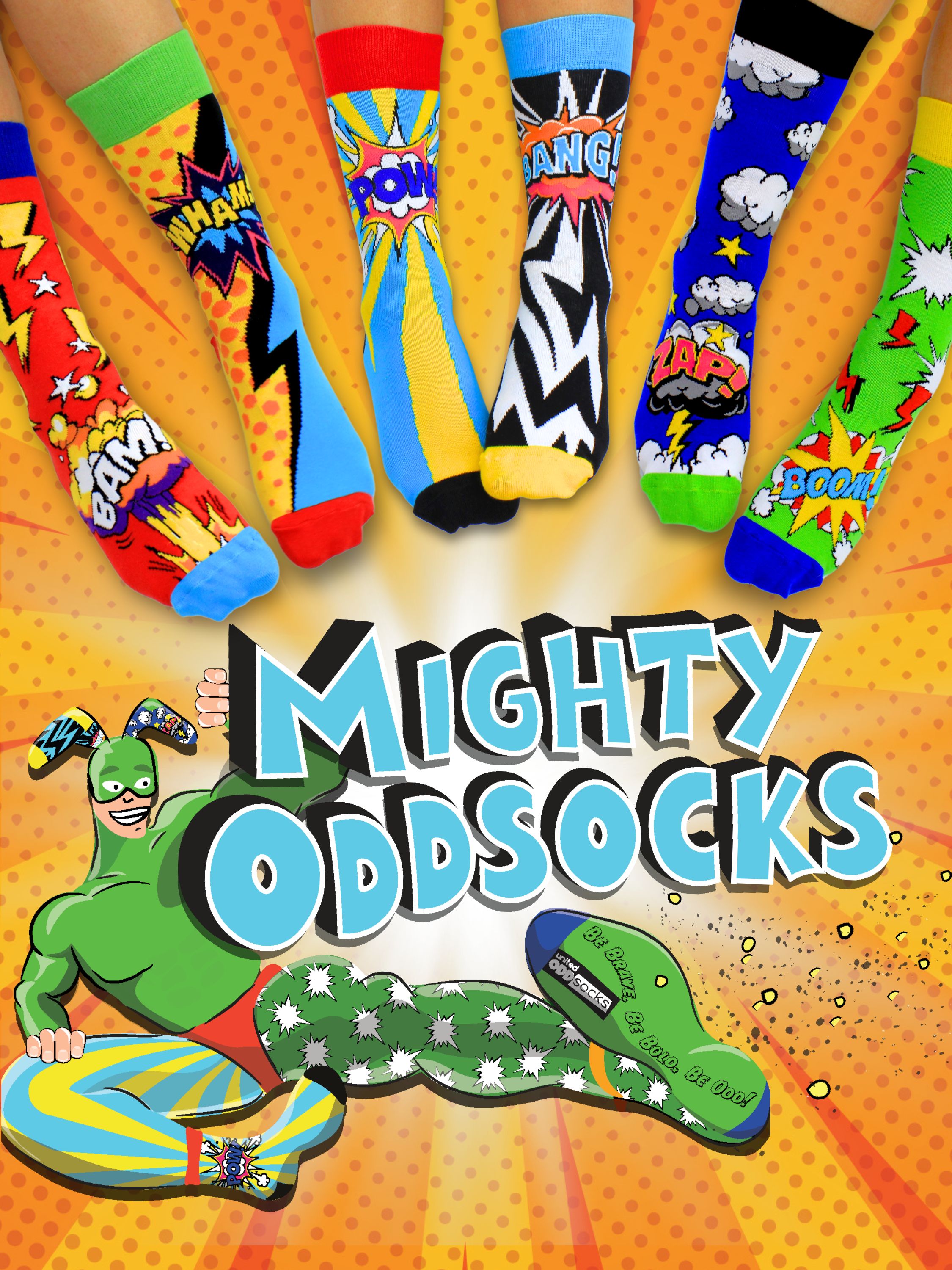 Meet The Mighty Oddsocks! Mild-mannered by day, this vibrant hero springs into action whenever drab socks threaten to drain the world’s spirit. The Mighty Oddso