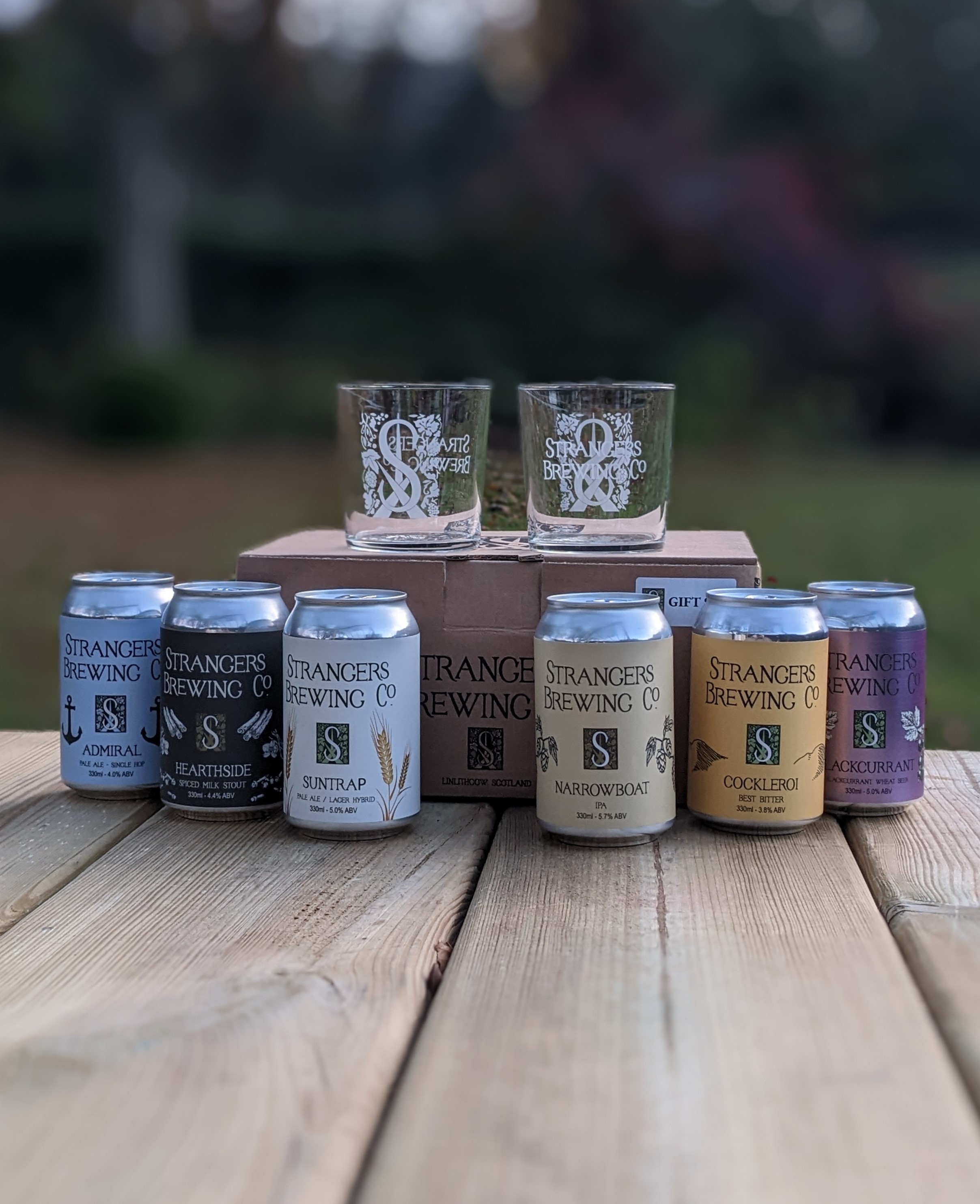 Gift set with Strangers signature glasses and a mix of beers