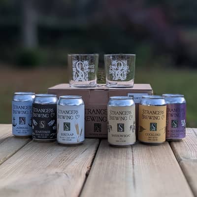 Gift set with Strangers signature glasses and a mix of beers