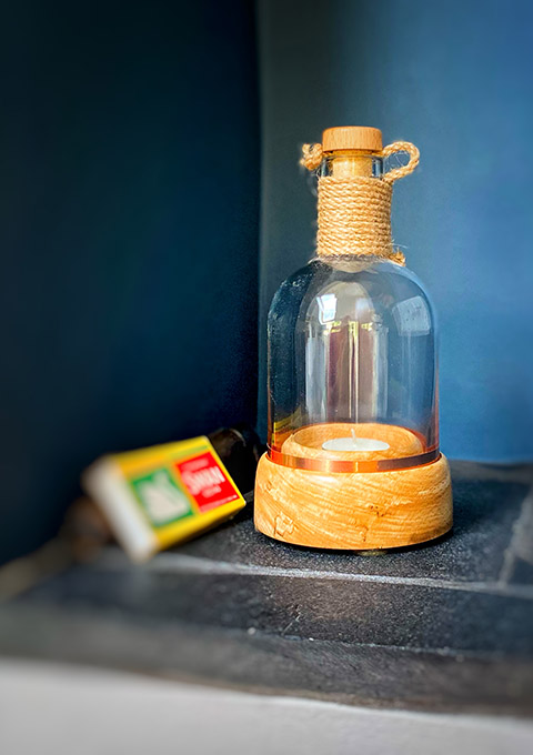 Gin Bottle Tealights - A Real Gin Bottle cut in half on a handmade woodturned base