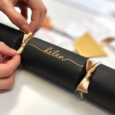 Personalised and handwritten, beautiful classic Black & Gold Christmas Crackers