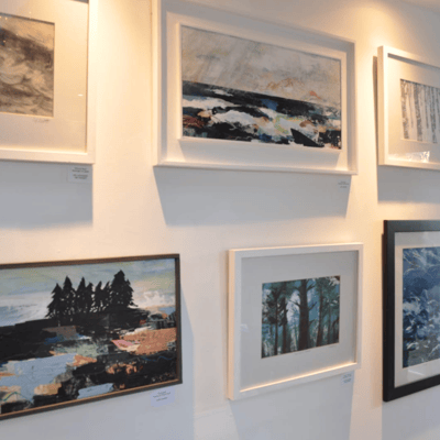 Paintings hung ready for open studio weekend