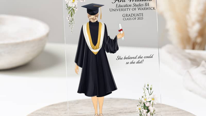 Personalised graduation character prints on acrylic plaques.